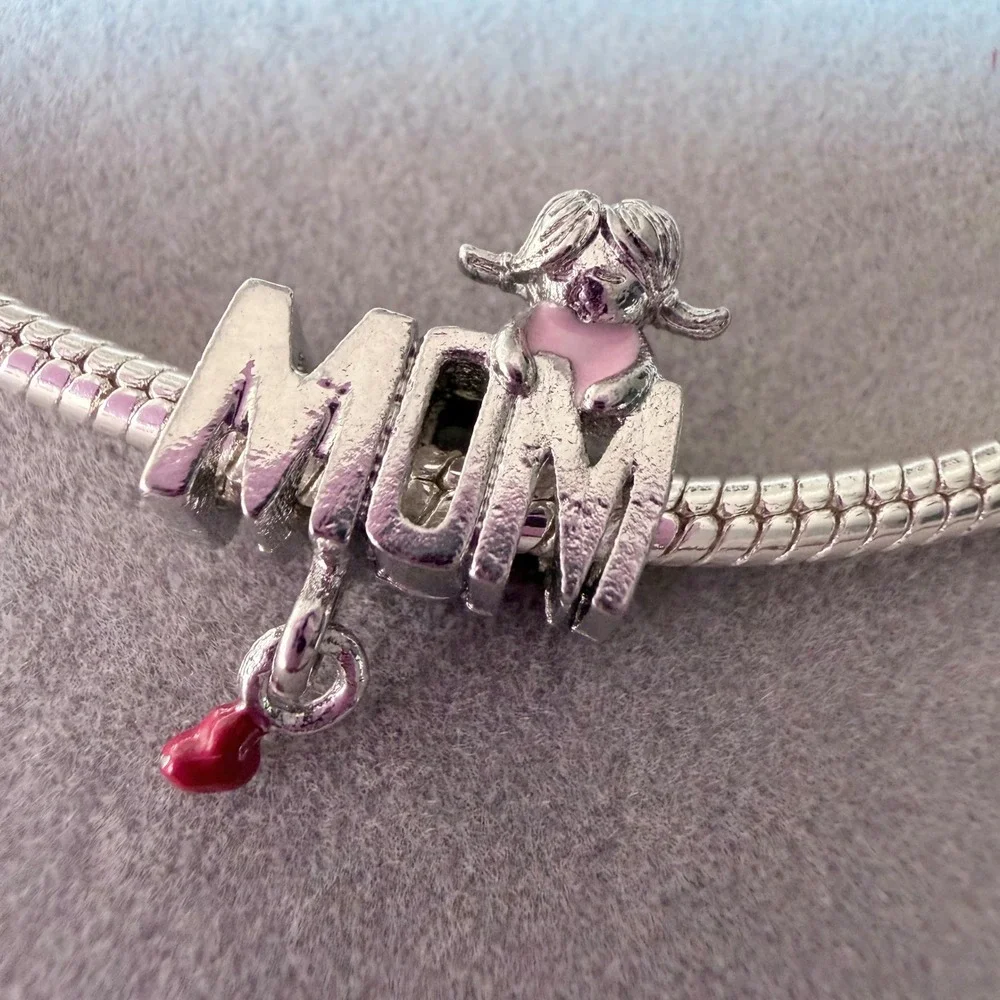 MOM Silver Girl Pink Red Heart Dangle Charm fits PANDORA